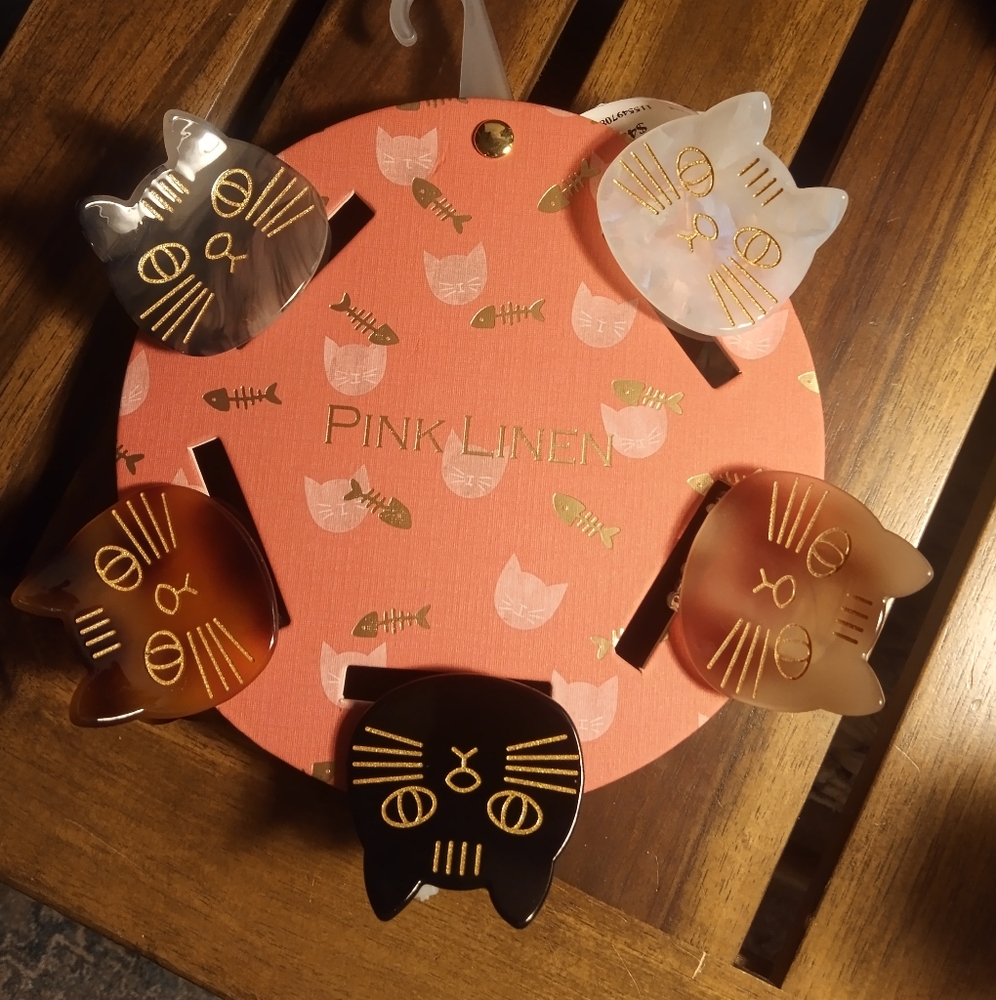 Pink Linen Cat Face Hair Clips